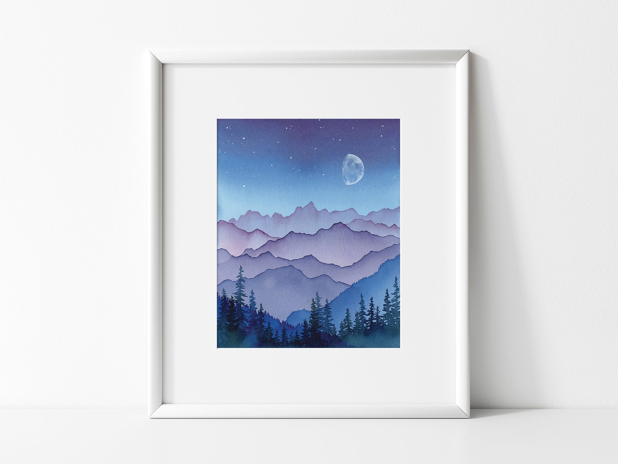 November Moon Watercolor Mountain Fine Art Print