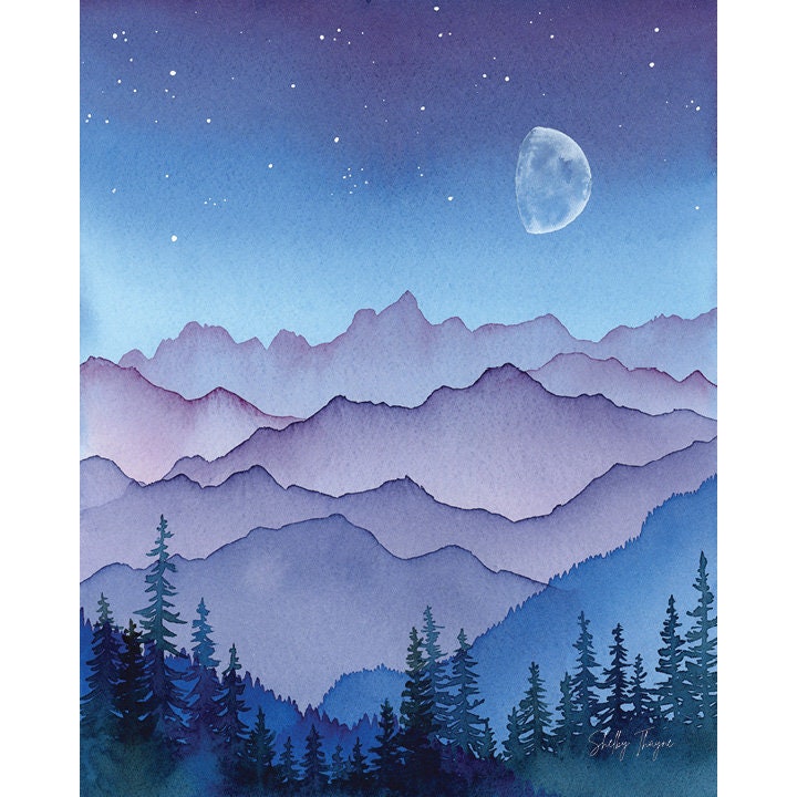 November Moon Watercolor Mountain Fine Art Print