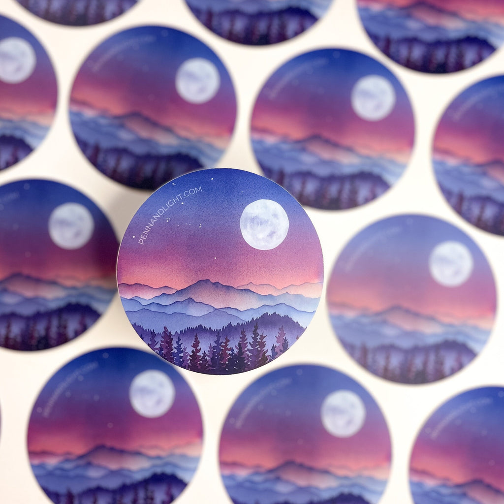 Watercolor Mountain Full Moon Sticker – Waterproof Vinyl Decal