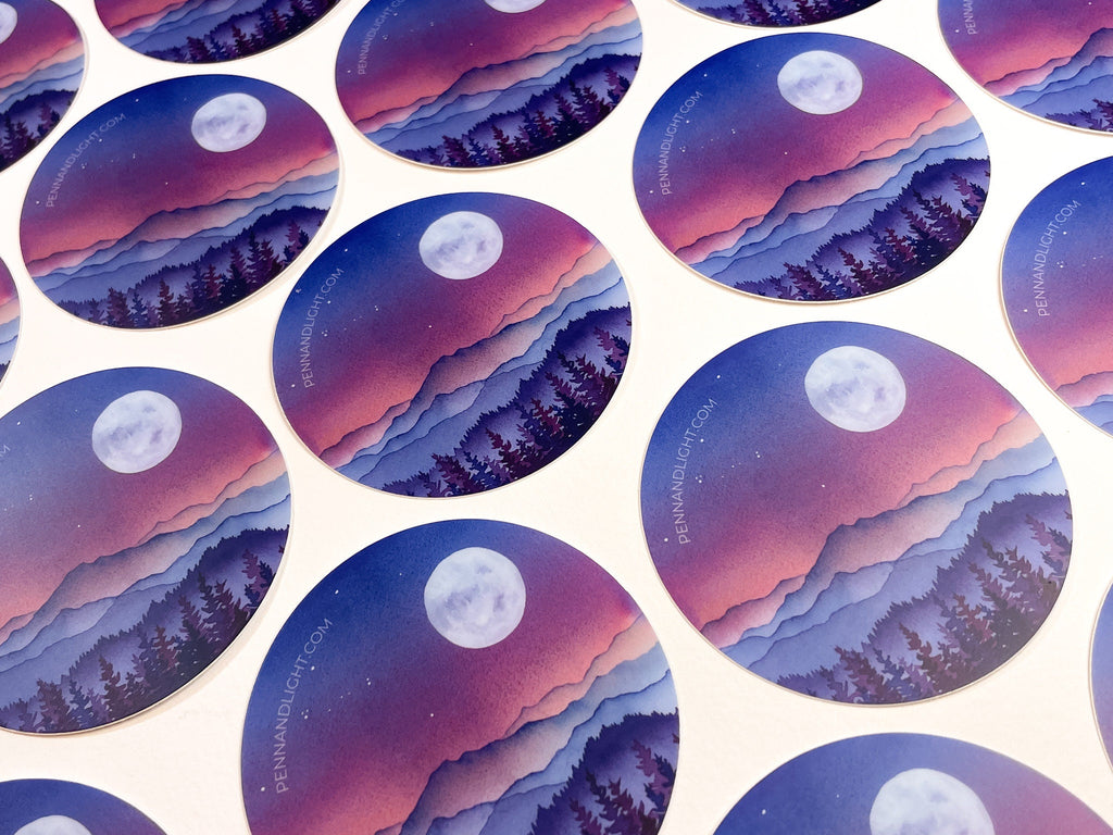 Watercolor Mountain Full Moon Sticker – Waterproof Vinyl Decal