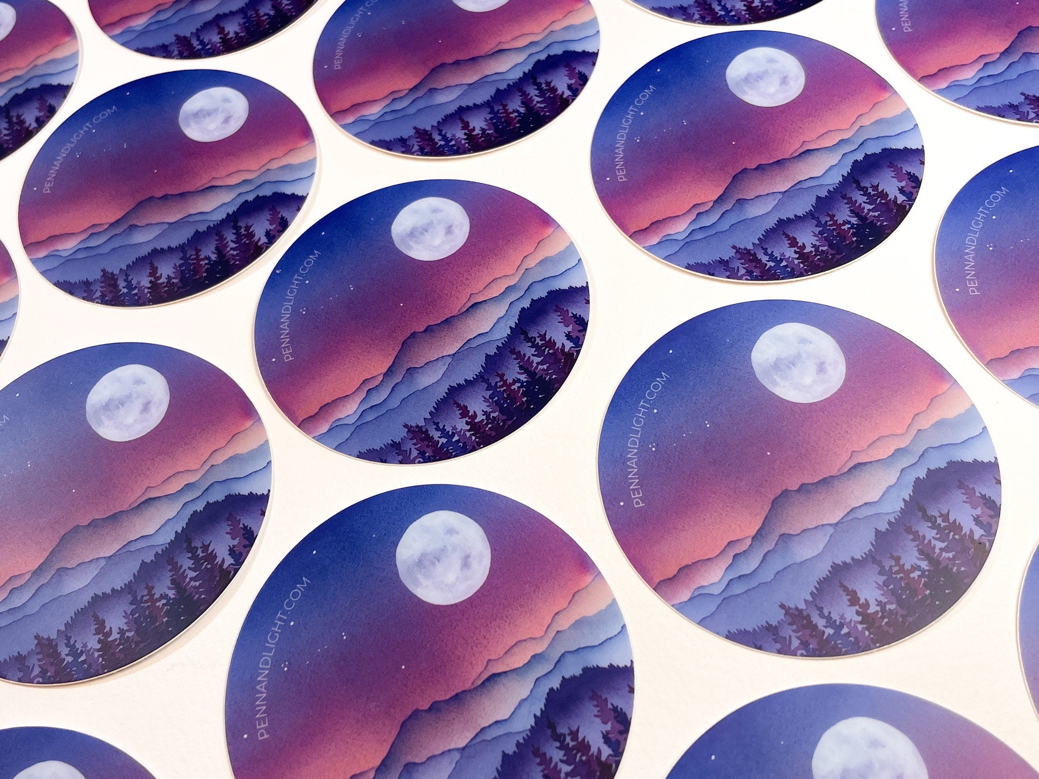 Watercolor Mountain Full Moon Sticker – Waterproof Vinyl Decal