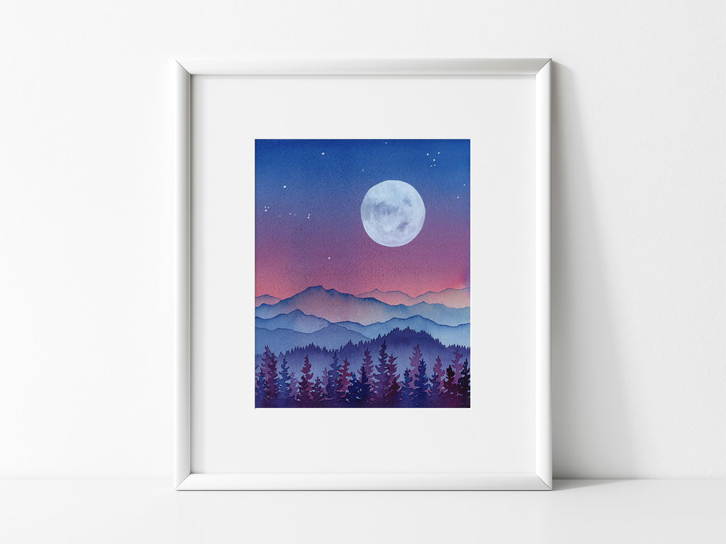 Under the Same Sky -- Full Moon and Layered Mountain Wall Art Print
