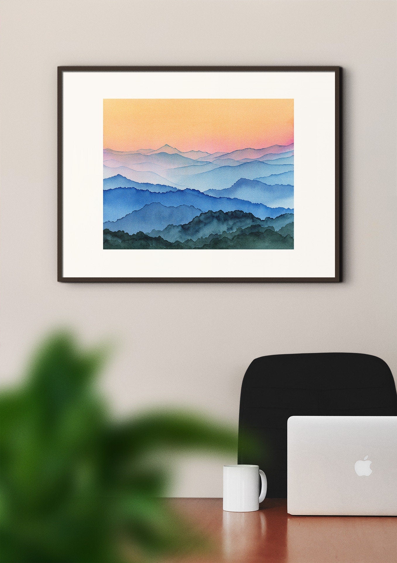 Blue Ridge Mountains Watercolor Art Print, Sunrise Landscape
