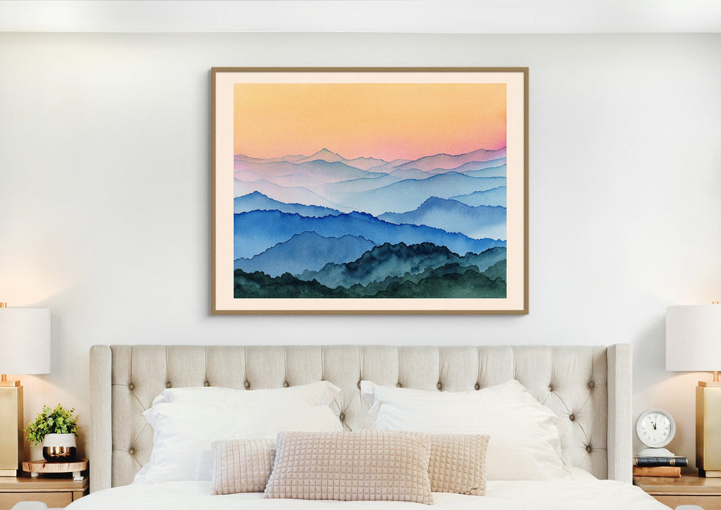 Blue Ridge Mountains Watercolor Art Print, Sunrise Landscape