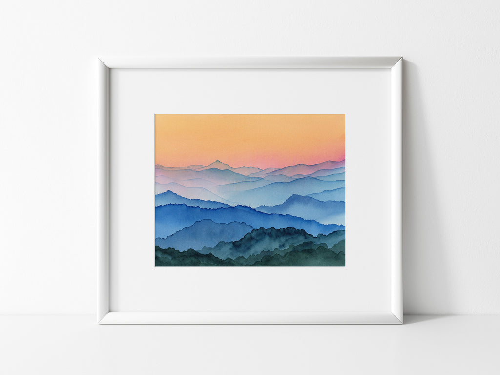 Blue Ridge Mountains Watercolor Art Print, Sunrise Landscape