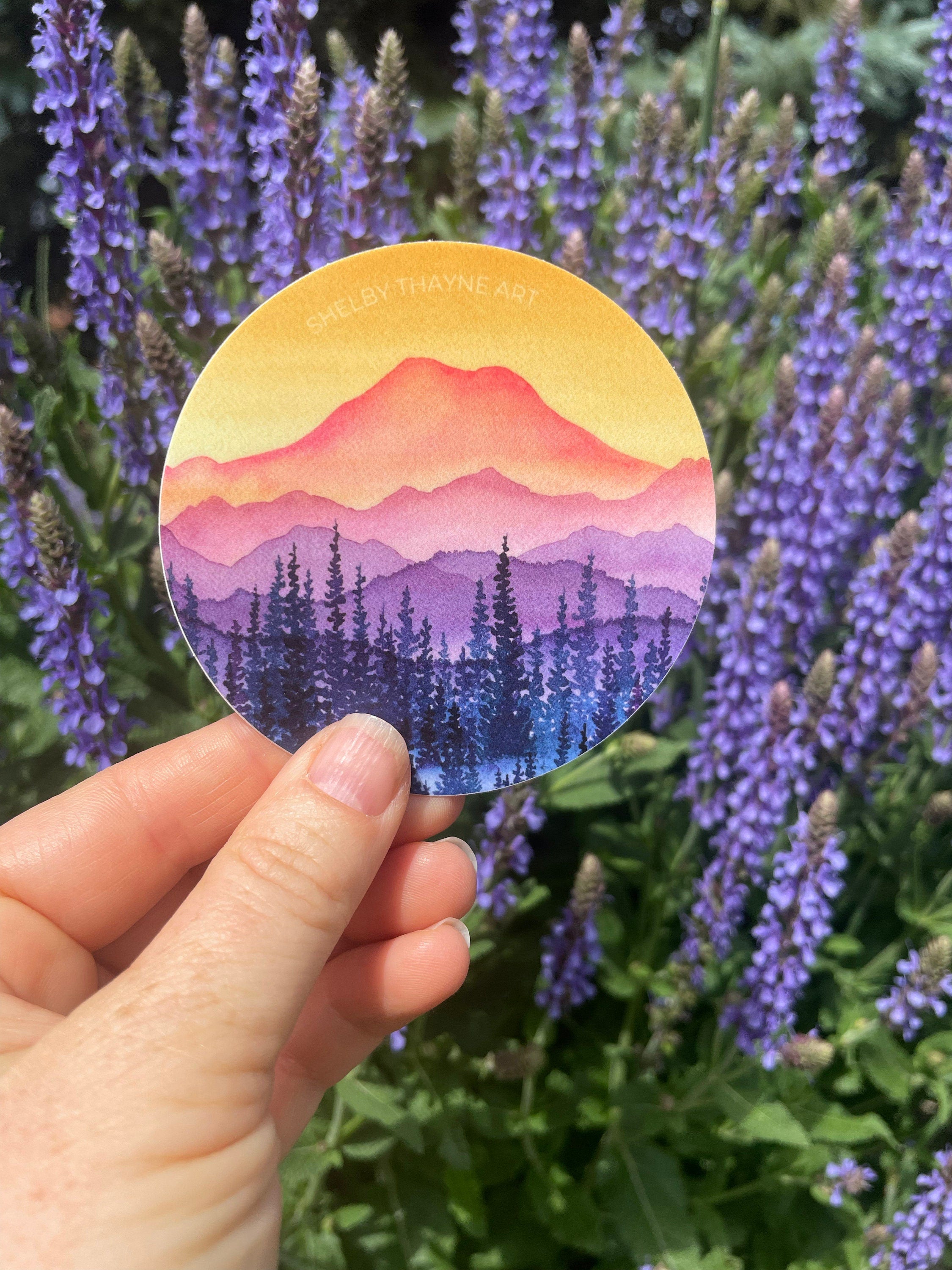 Mt. Rainier Vinyl Sticker, Golden Hour Watercolor Mountain Decal