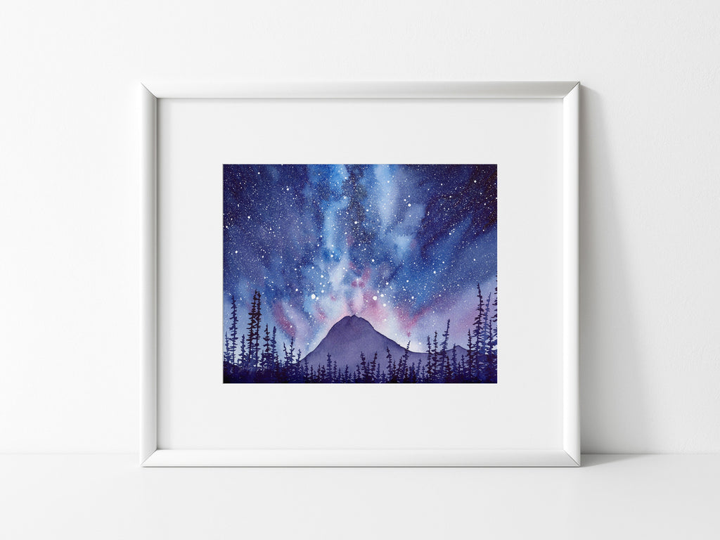 December Night Sky Galaxy Watercolor Mountain Fine Art Print