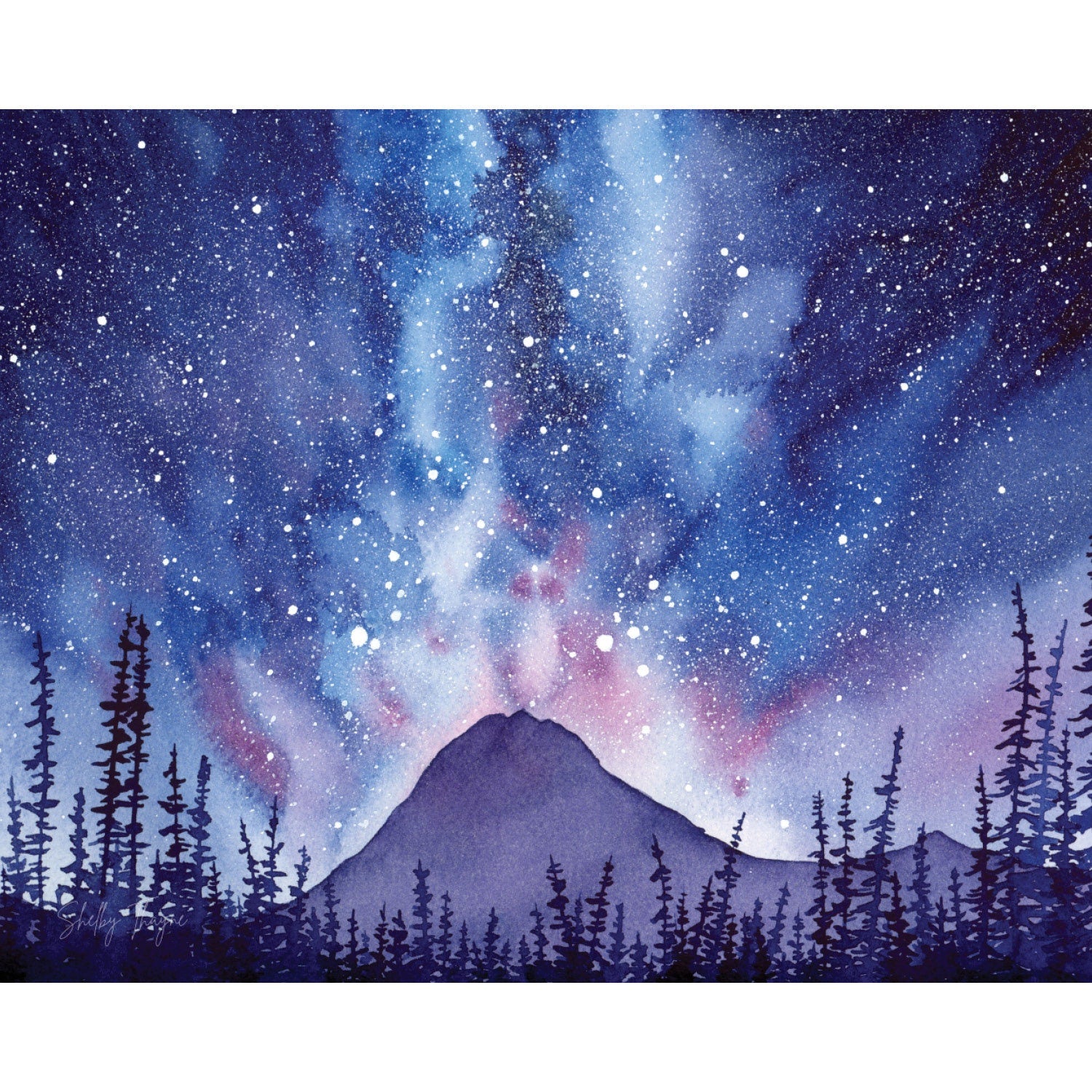 December Night Sky Galaxy Watercolor Mountain Fine Art Print