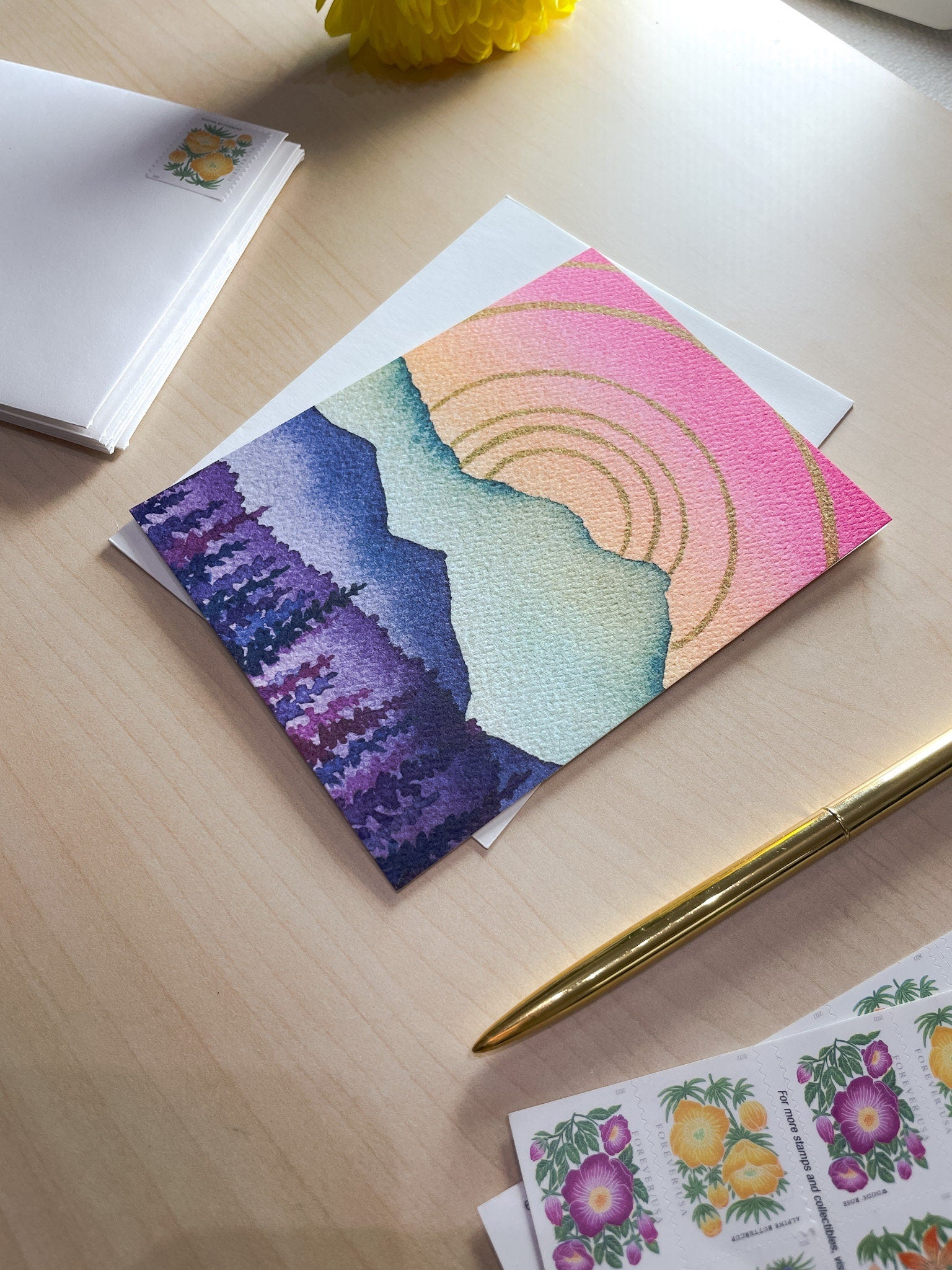 Colorful Mountains with Sunshine Card | Watercolor Greeting Card | Blank Notecard | A2 Stationery | Mountain Art | Landscape Card