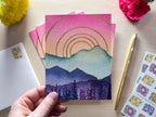 Colorful Mountains with Sunshine Card | Watercolor Greeting Card | Blank Notecard | A2 Stationery | Mountain Art | Landscape Card