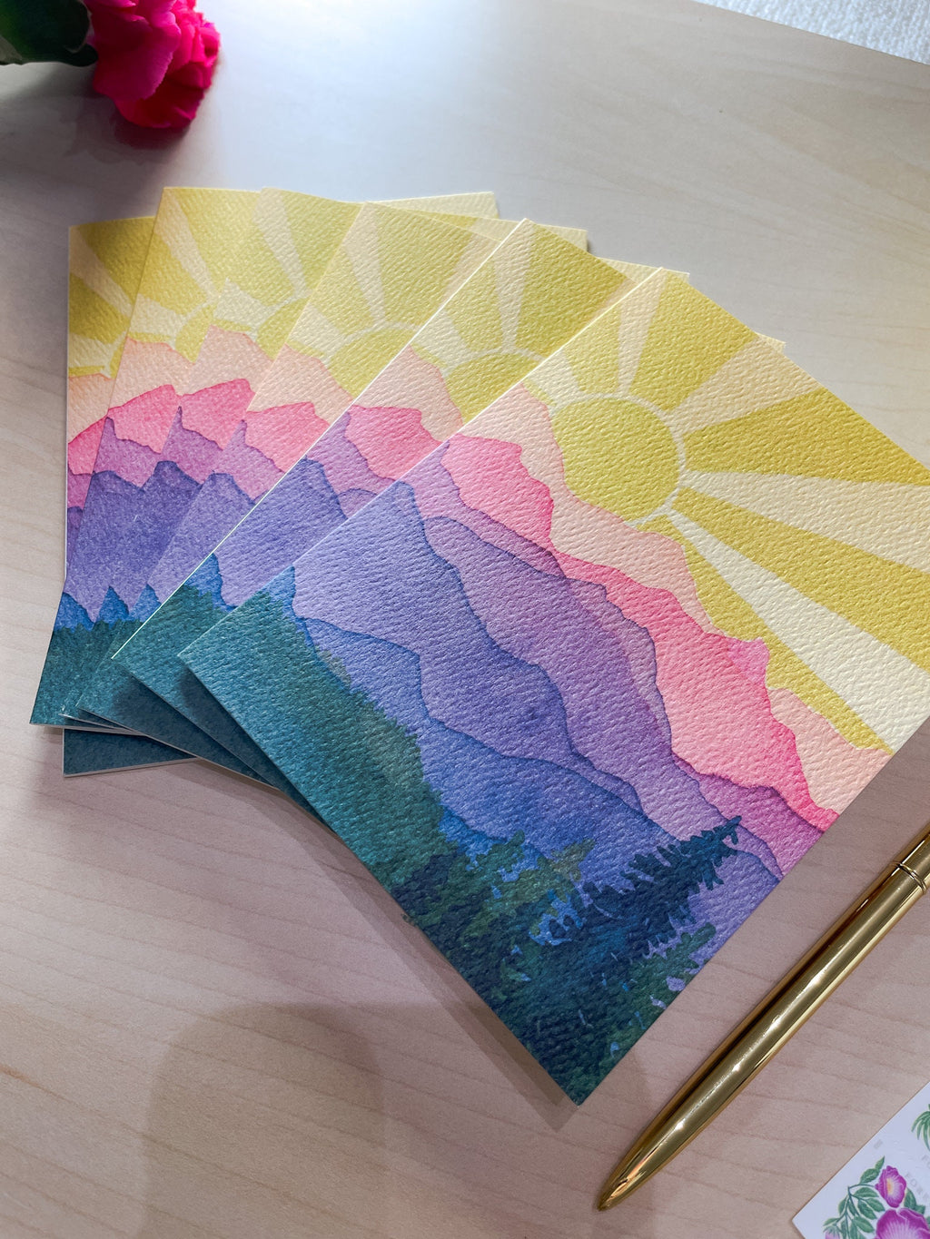 Rainbow Mountains Sunshine | Watercolor Greeting Card | Blank Inside | A2 Stationery | Mountain Art
