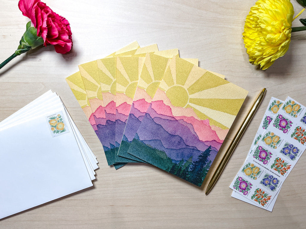 Rainbow Mountains Sunshine | Watercolor Greeting Card | Blank Inside | A2 Stationery | Mountain Art