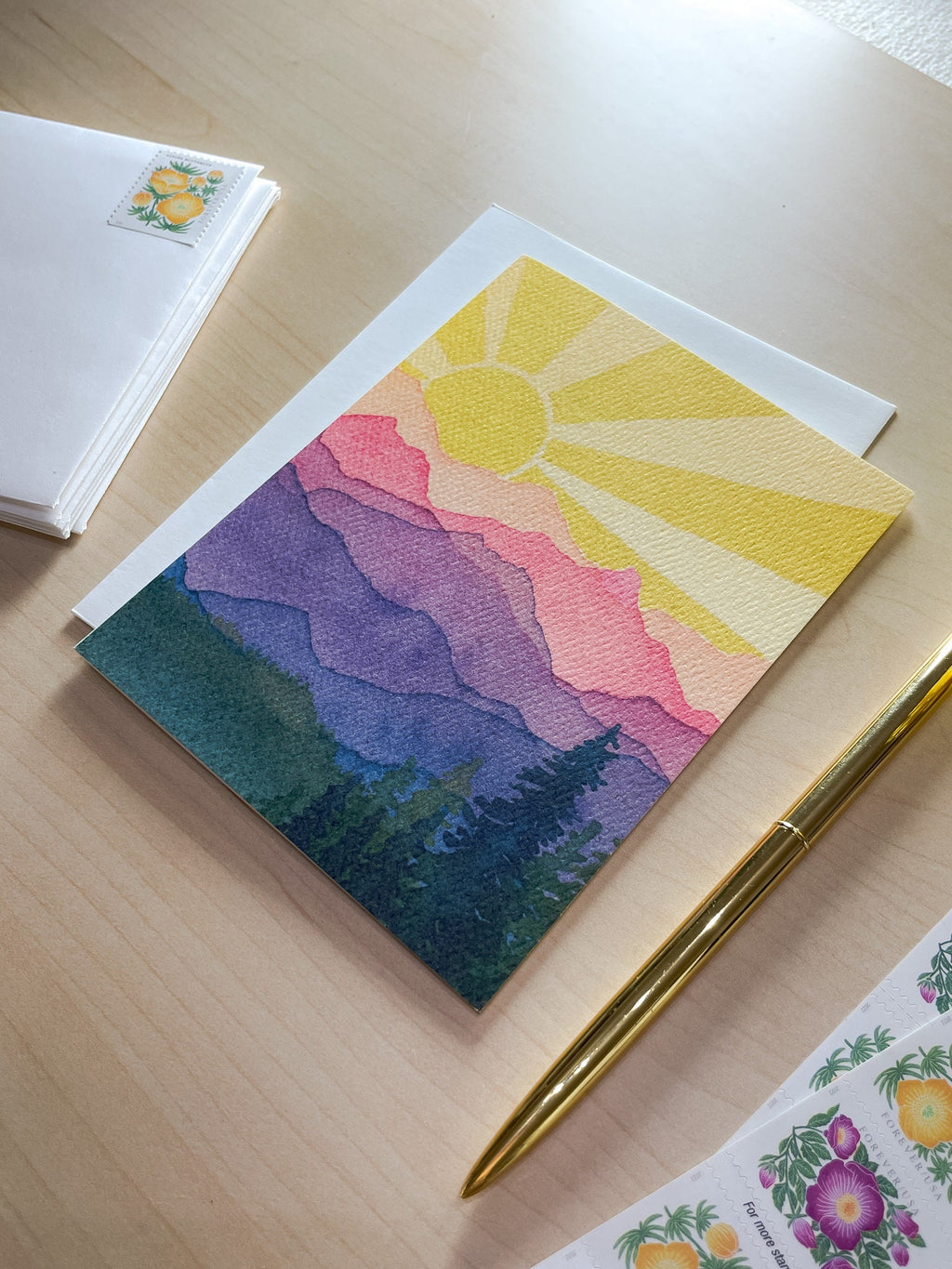 Rainbow Mountains Sunshine | Watercolor Greeting Card | Blank Inside | A2 Stationery | Mountain Art
