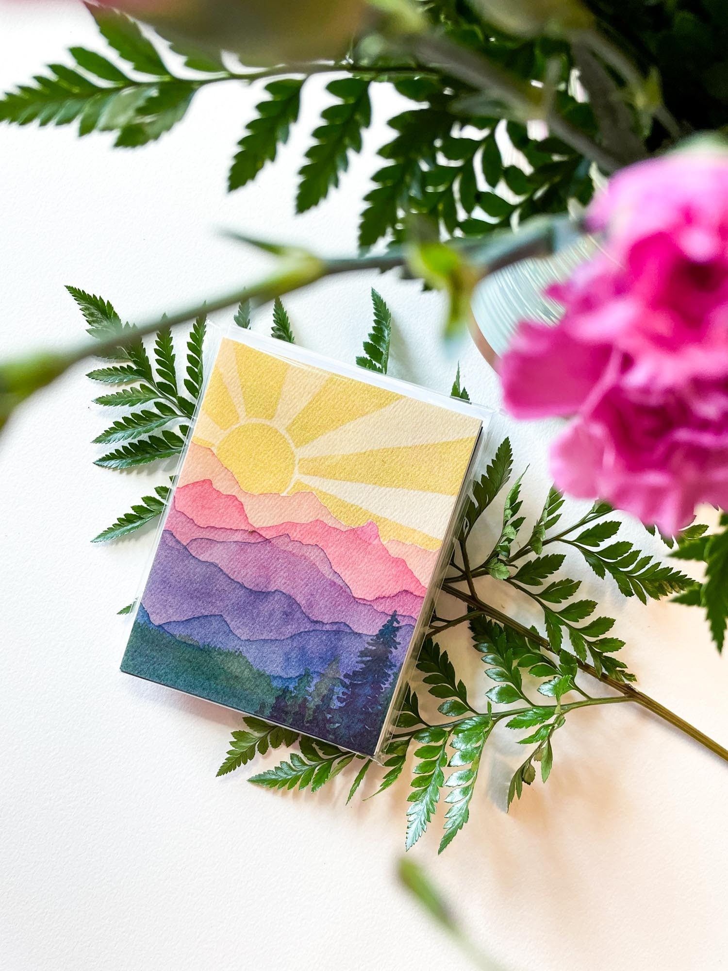 Rainbow Mountains Sunshine | Watercolor Greeting Card | Blank Inside | A2 Stationery | Mountain Art