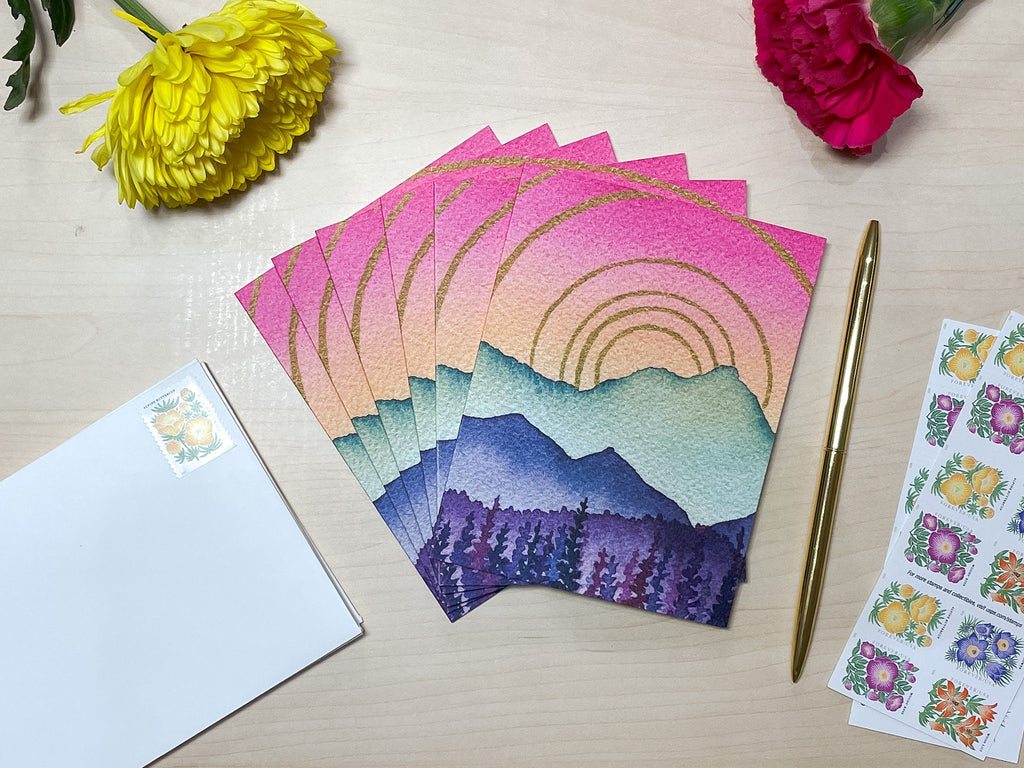 Colorful Mountains with Sunshine Card | Watercolor Greeting Card | Blank Notecard | A2 Stationery | Mountain Art | Landscape Card