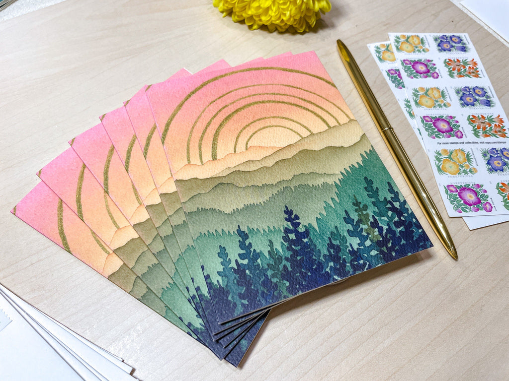 Watercolor Mountain Greeting Card | Green Mountain Sunshine Art