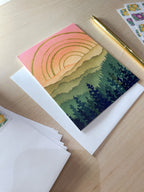 Watercolor Mountain Greeting Card | Green Mountain Sunshine Art