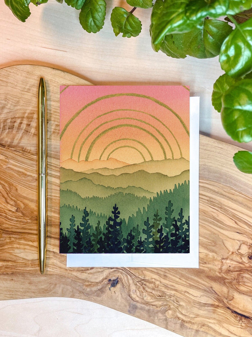 Watercolor Mountain Greeting Card | Green Mountain Sunshine Art