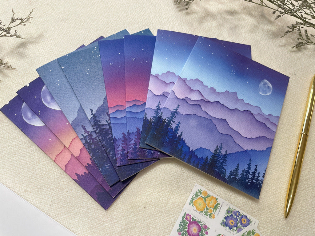 Watercolor Mountain Moon Greeting Card | November Night Landscape