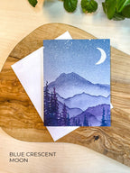 Watercolor Mountain Greeting Card | Blue Crescent Moon Art (Recycled)