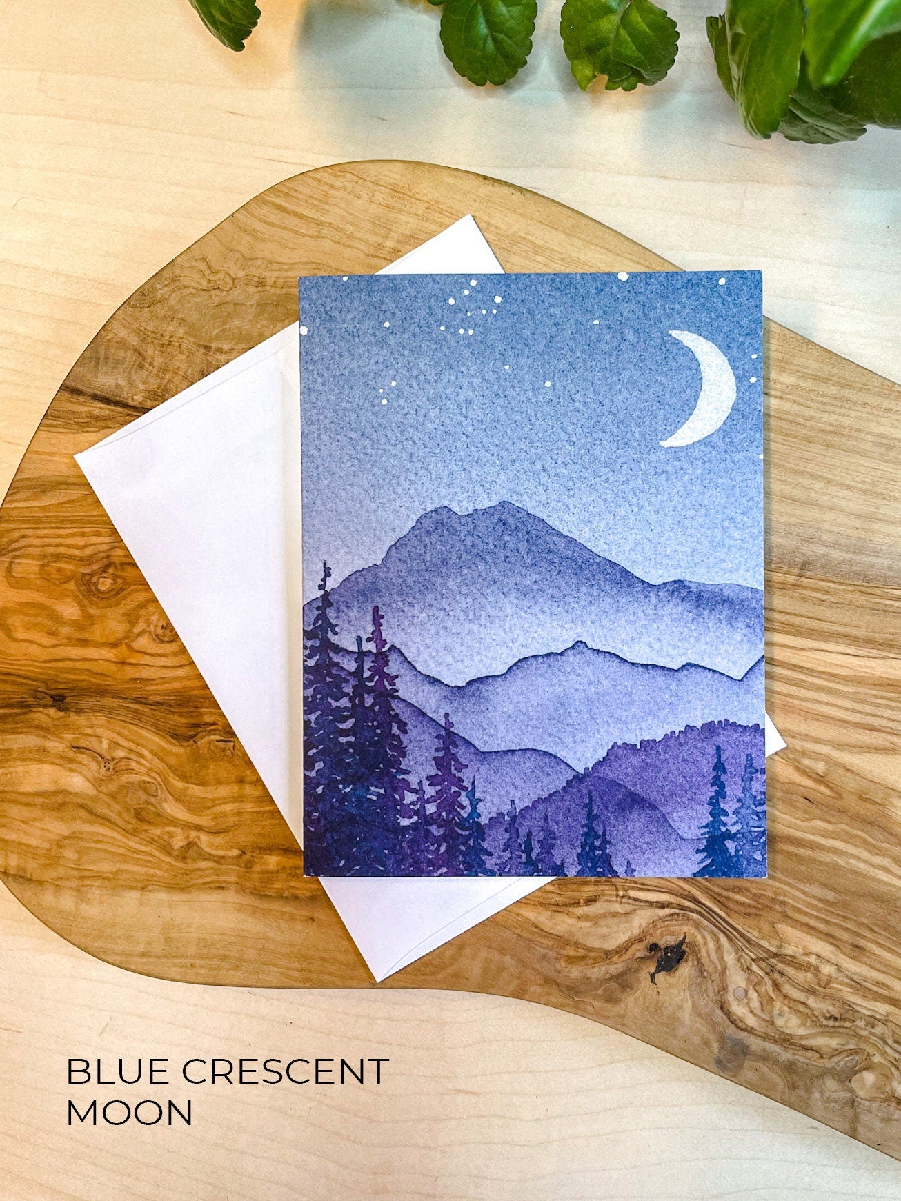 Watercolor Mountain Greeting Card | Blue Crescent Moon Art (Recycled)