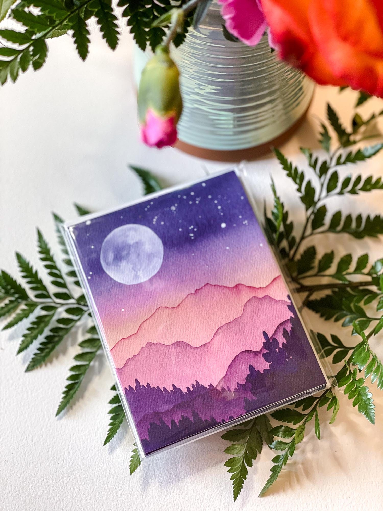 Full Moon Mountain Watercolor Greeting Card | Blank Stationery