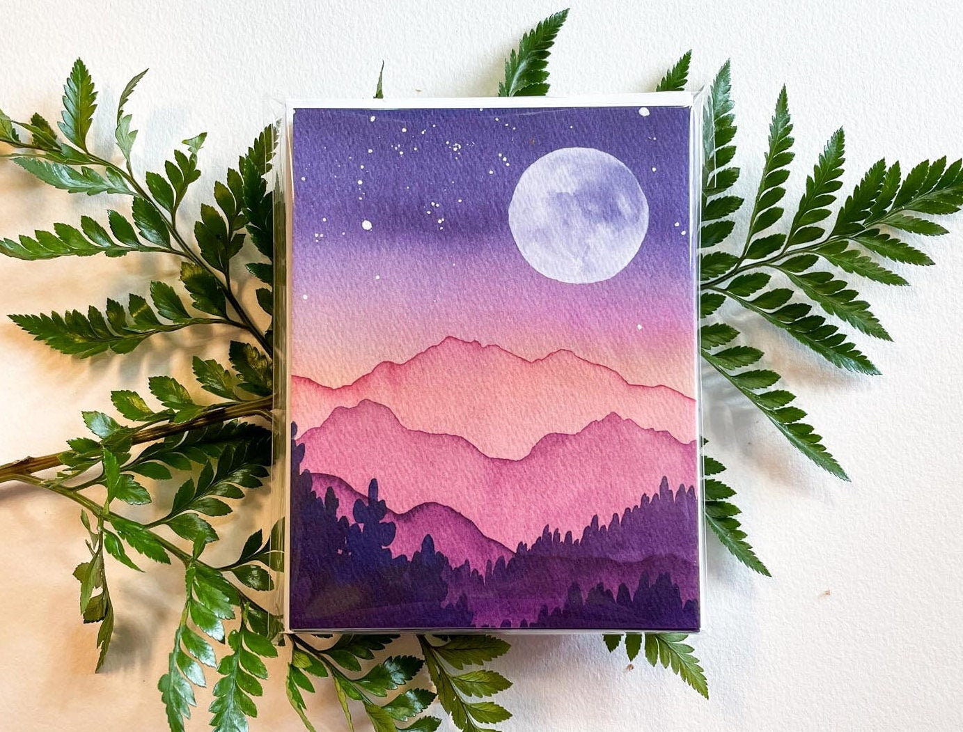 Full Moon Mountain Watercolor Greeting Card | Blank Stationery