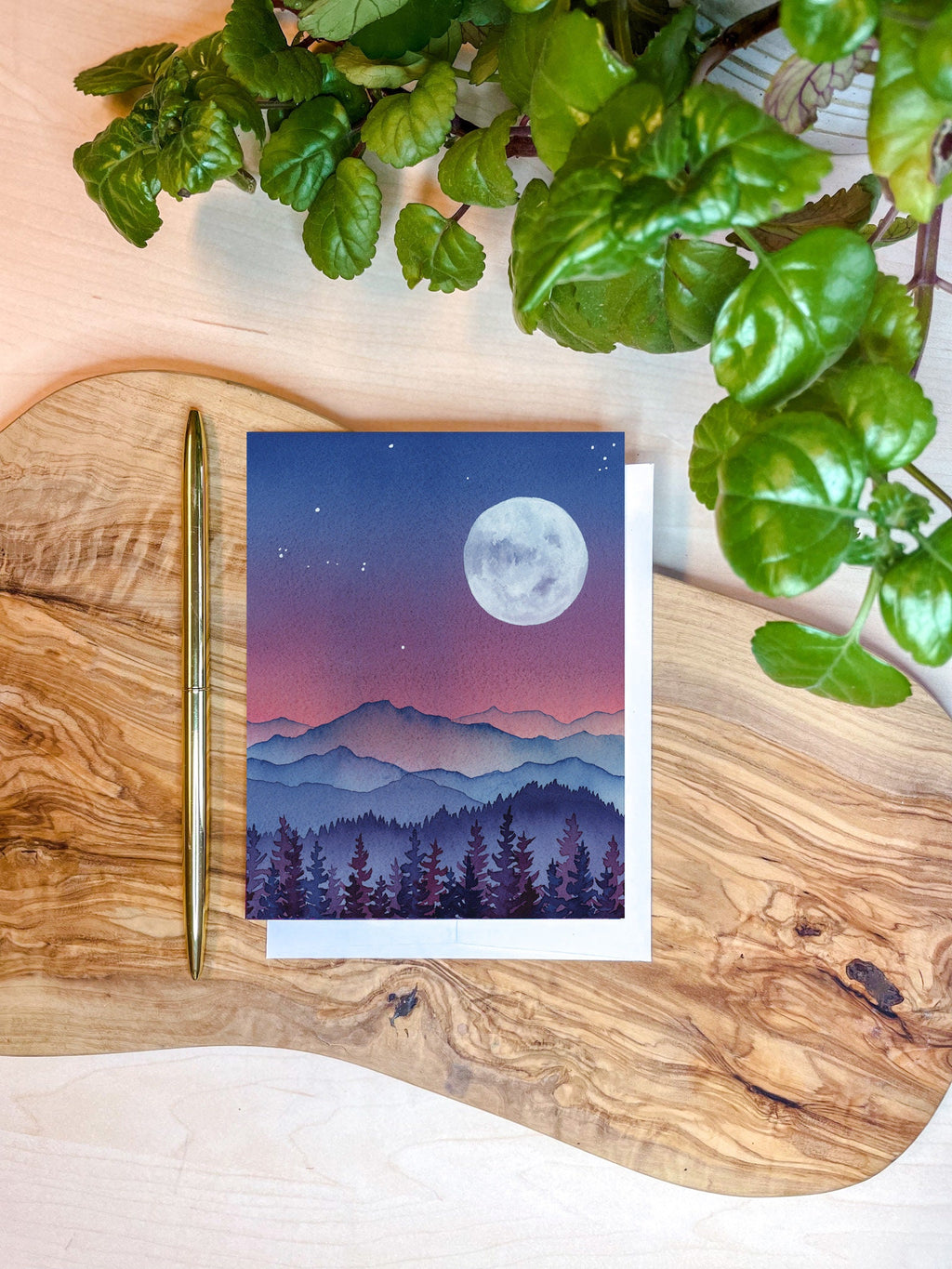 Vibrant Full Moon Mountain Night Landscape Card | Watercolor Greeting Card | Blank Inside | A2 Stationery | Mountain Art