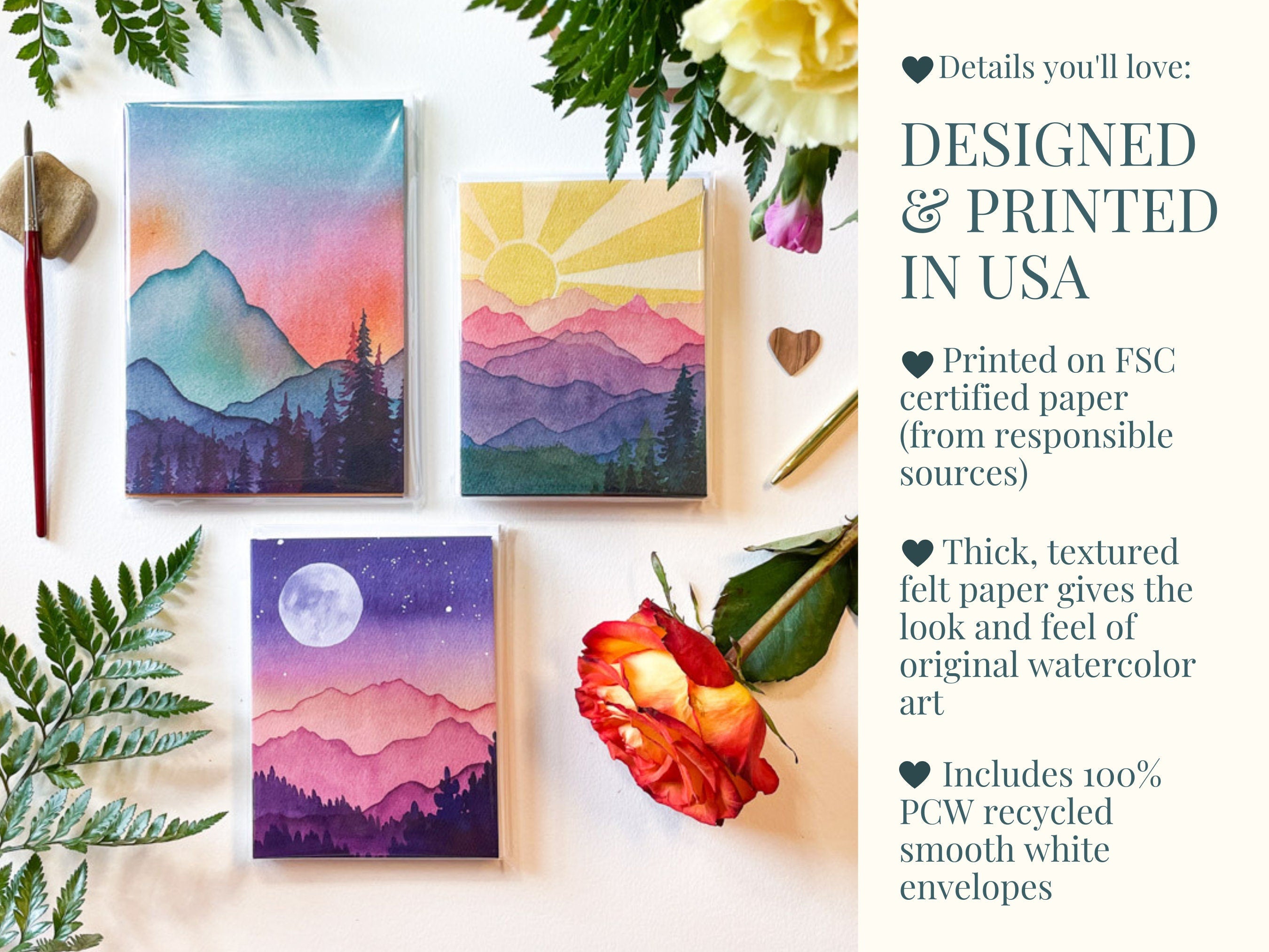Vibrant Full Moon Mountain Night Landscape Card | Watercolor Greeting Card | Blank Inside | A2 Stationery | Mountain Art