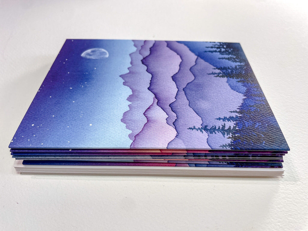 Watercolor Mountain Moon Greeting Card | November Night Landscape
