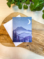 Watercolor Mountain Greeting Card | Blue Crescent Moon Art (Recycled)