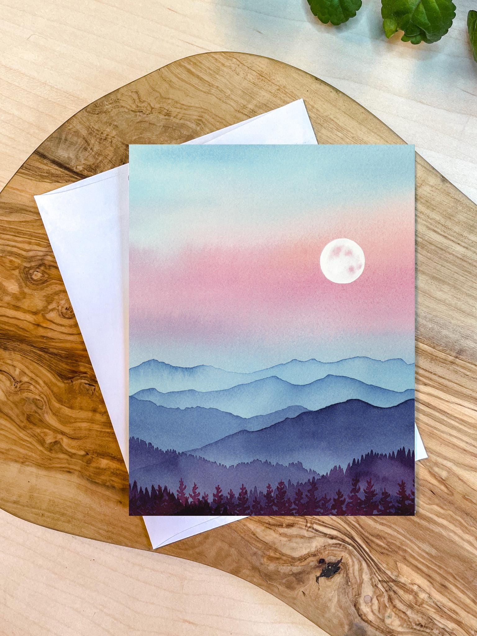 Peaceful Mountain Card | Peaceful Mountain Moonrise | Full Moon | Pastel Watercolor Landscape | Blank Greeting Card and Envelope | A2 size