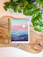 Peaceful Mountain Card | Peaceful Mountain Moonrise | Full Moon | Pastel Watercolor Landscape | Blank Greeting Card and Envelope | A2 size