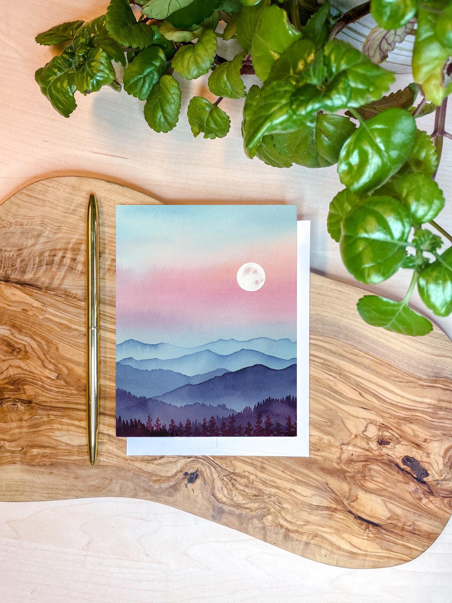 Peaceful Mountain Card | Peaceful Mountain Moonrise | Full Moon | Pastel Watercolor Landscape | Blank Greeting Card and Envelope | A2 size