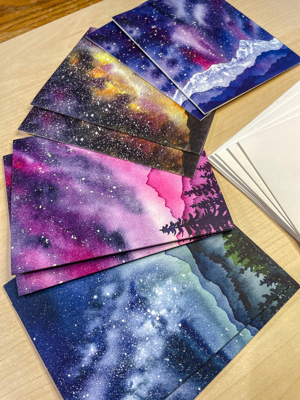 Set of 8 | Celestial Mountain Cards | Starry Sky Night Sky Milky Way | Watercolor Landscape Art | Blank Cards and Envelopes | A2 size
