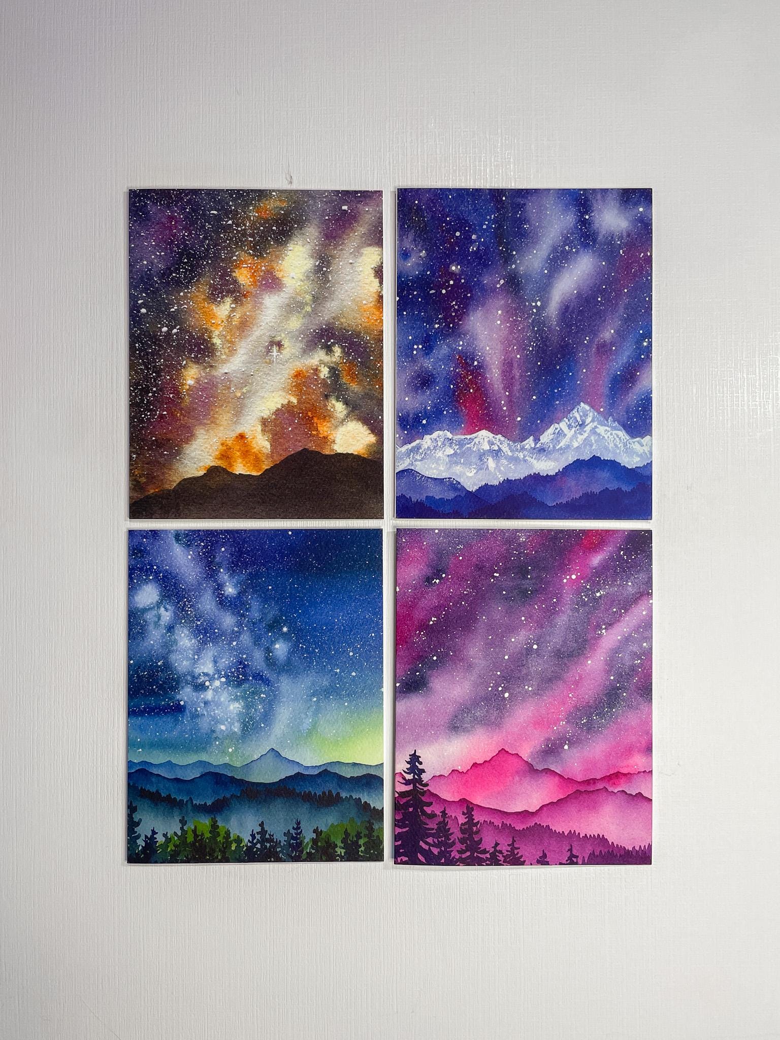Set of 8 | Celestial Mountain Cards | Starry Sky Night Sky Milky Way | Watercolor Landscape Art | Blank Cards and Envelopes | A2 size