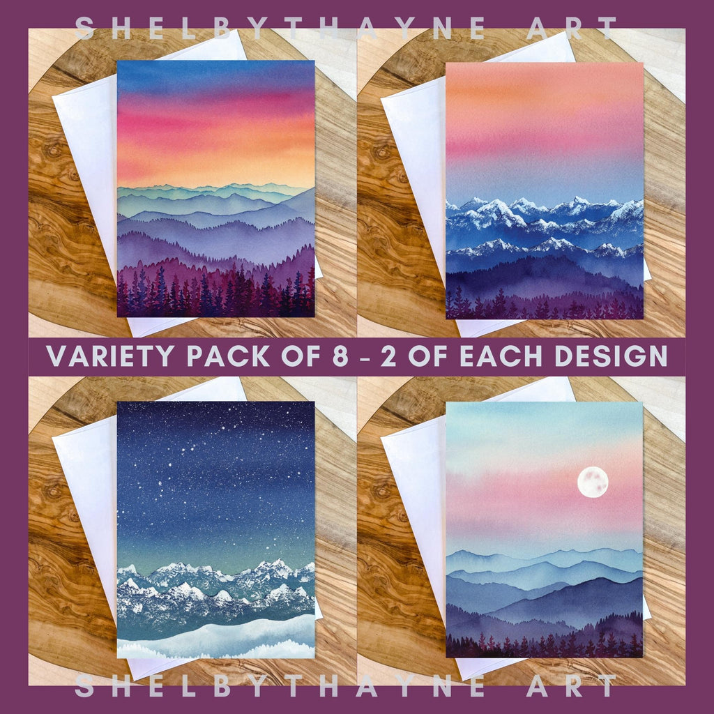 Set of 8 | Peaceful Mountain Cards | Colorful Watercolor Landscape Art | | Blank Cards and Envelopes | A2 size
