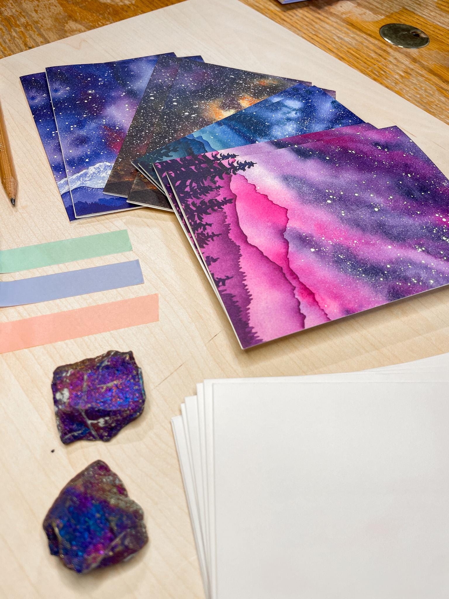 Set of 8 | Celestial Mountain Cards | Starry Sky Night Sky Milky Way | Watercolor Landscape Art | Blank Cards and Envelopes | A2 size