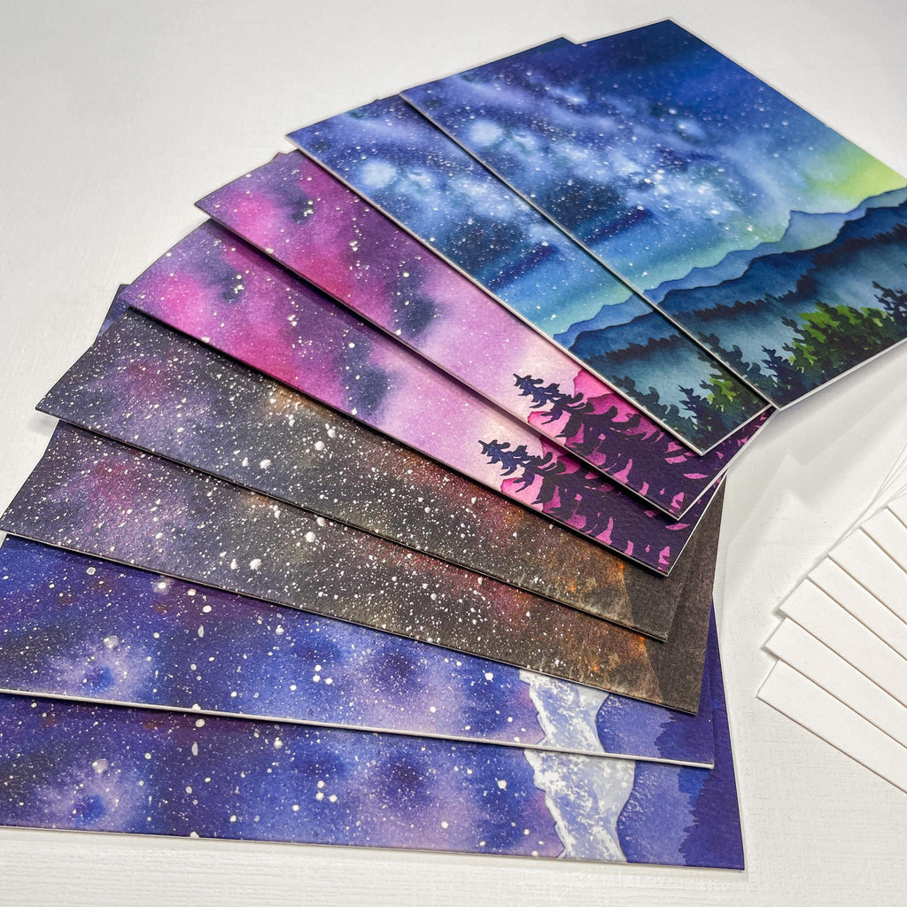 Set of 8 | Celestial Mountain Cards | Starry Sky Night Sky Milky Way | Watercolor Landscape Art | Blank Cards and Envelopes | A2 size