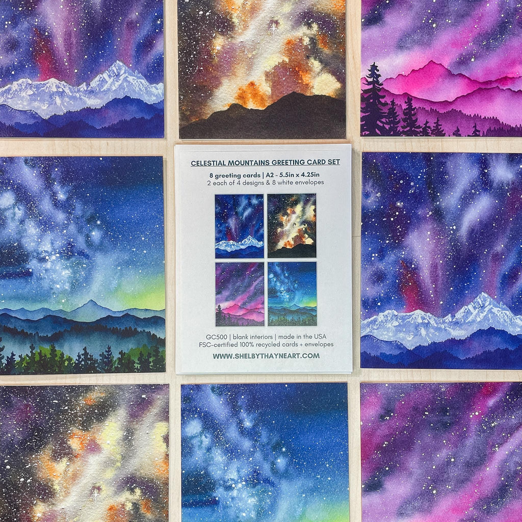 Set of 8 | Celestial Mountain Cards | Starry Sky Night Sky Milky Way | Watercolor Landscape Art | Blank Cards and Envelopes | A2 size