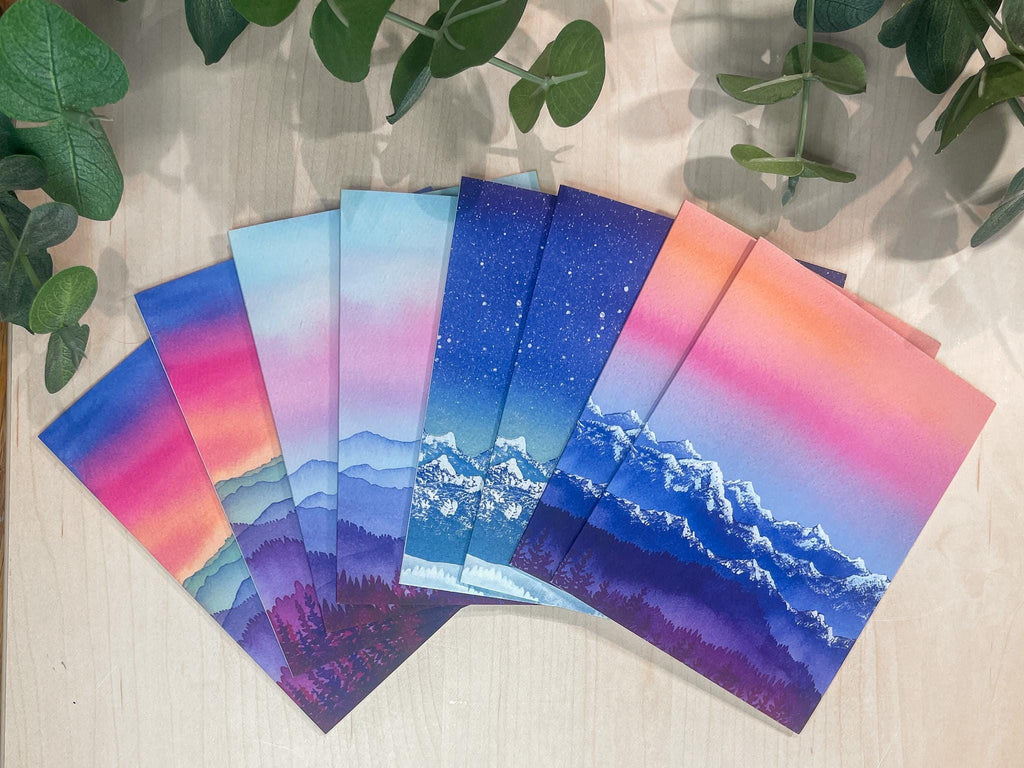 Set of 8 | Peaceful Mountain Cards | Colorful Watercolor Landscape Art | | Blank Cards and Envelopes | A2 size