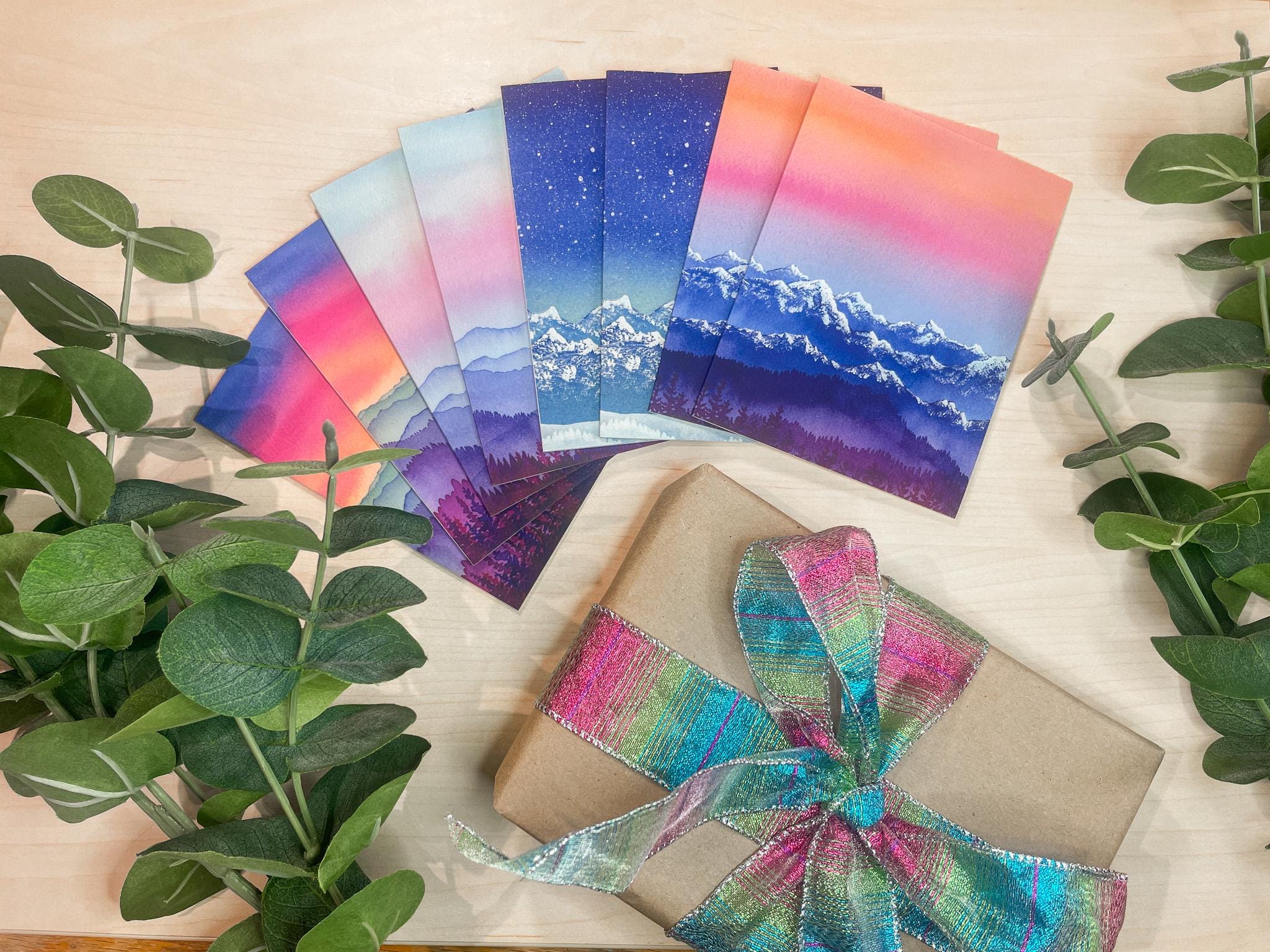 Set of 8 | Peaceful Mountain Cards | Colorful Watercolor Landscape Art | | Blank Cards and Envelopes | A2 size