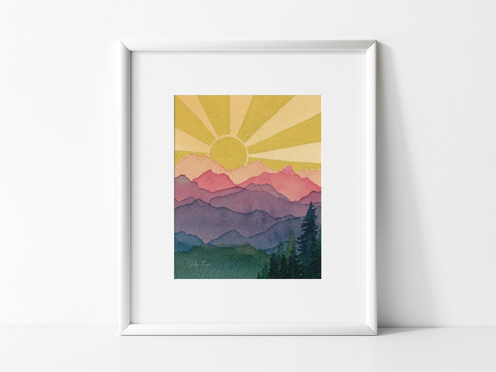 Rainbow Mountain Sunshine Watercolor Art Print | Landscape Wall Decor