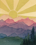 Rainbow Mountain Sunshine Watercolor Art Print | Landscape Wall Decor