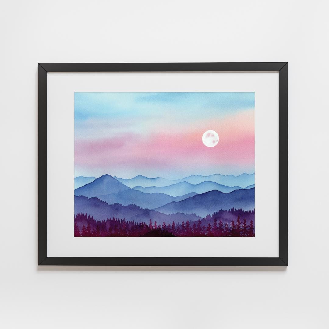 Mountain Moonrise Watercolor Art Print | Peaceful Landscape