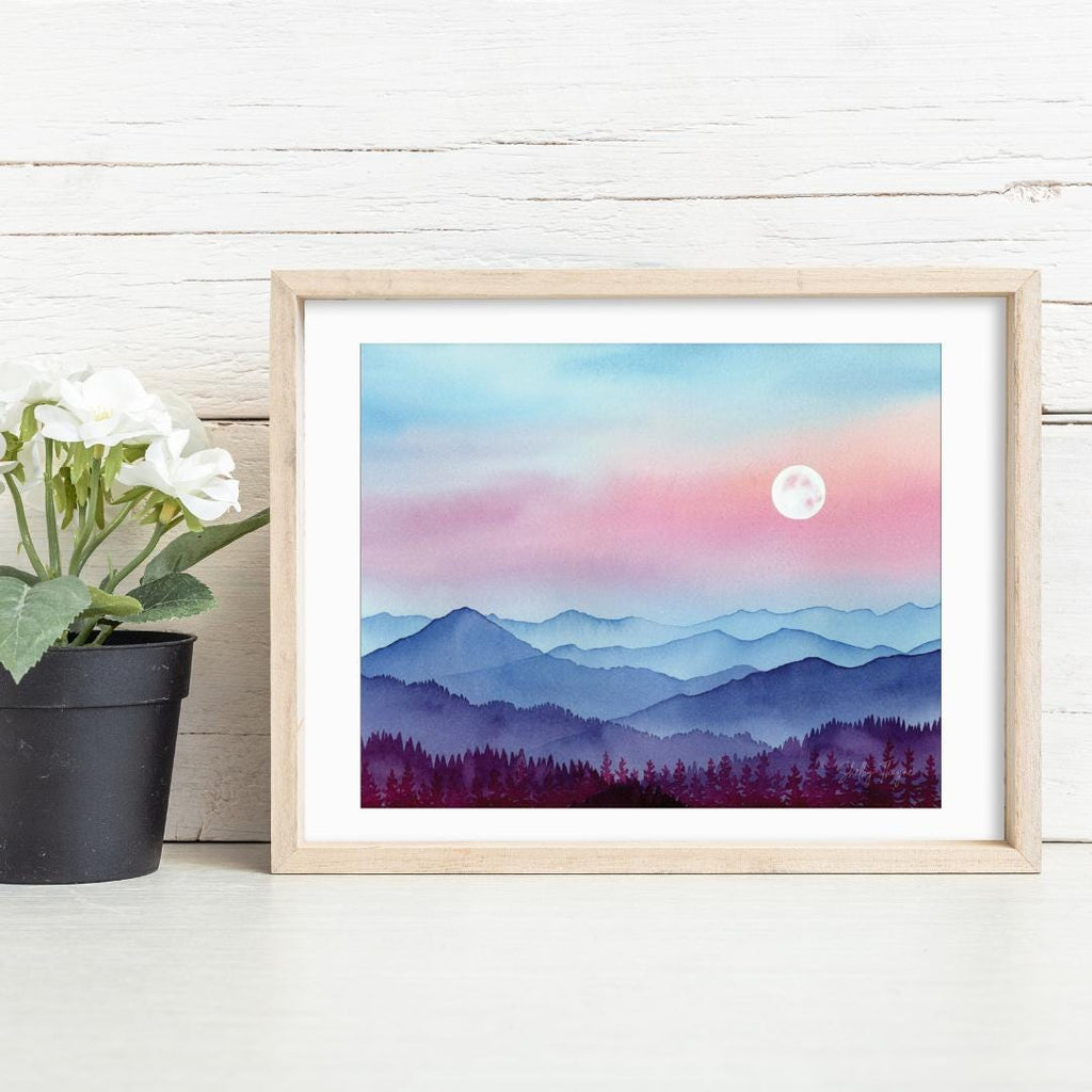 Mountain Moonrise Watercolor Art Print | Peaceful Landscape