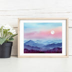 Mountain Moonrise Watercolor Art Print | Peaceful Landscape