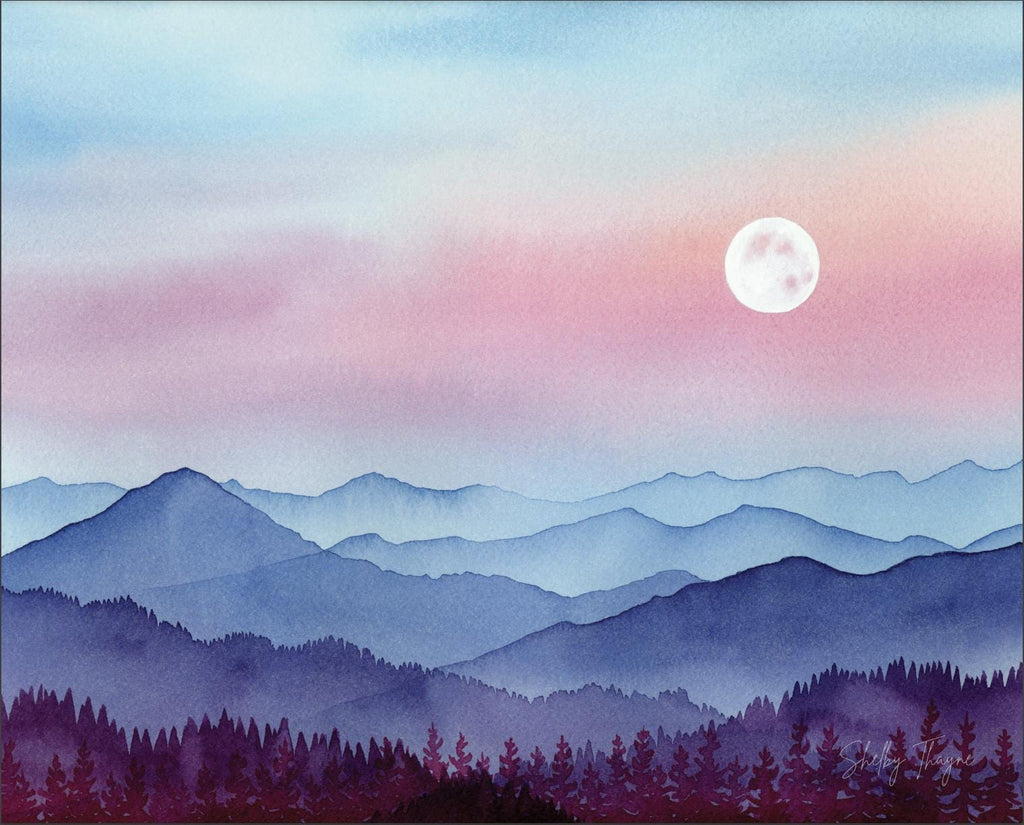 Mountain Moonrise Watercolor Art Print | Peaceful Landscape