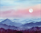 Mountain Moonrise Watercolor Art Print | Peaceful Landscape