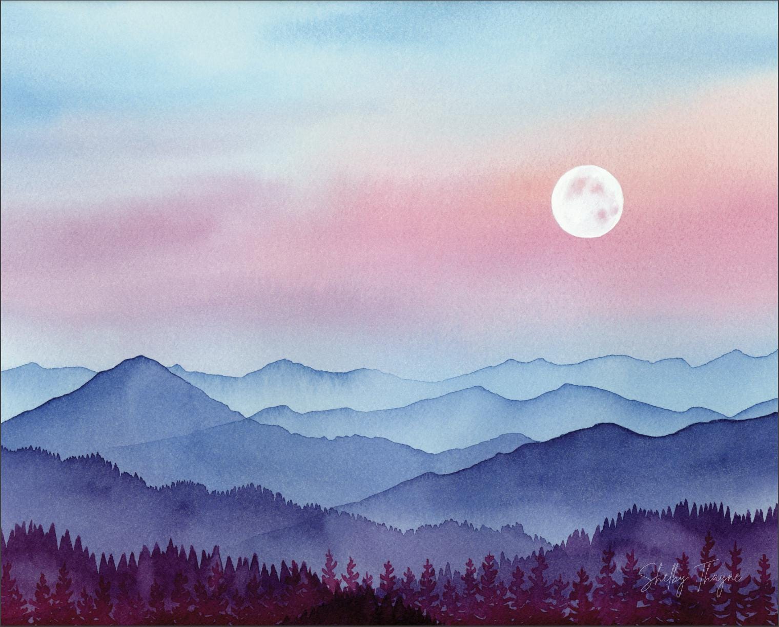 Mountain Moonrise Watercolor Art Print | Peaceful Landscape